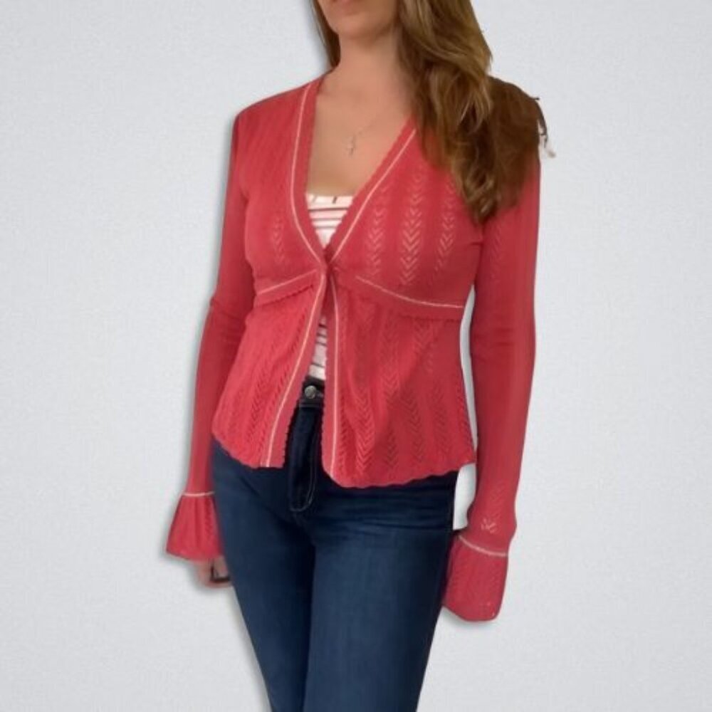 Anthropologie Tabitha Crochet Knitted Cardigan Flared Ruffled Cuffs Hot Pink W M